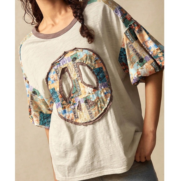 Boho Floral Print Peace Patchwork Color Block Puff Sleeve Top - Picture 2 of 5